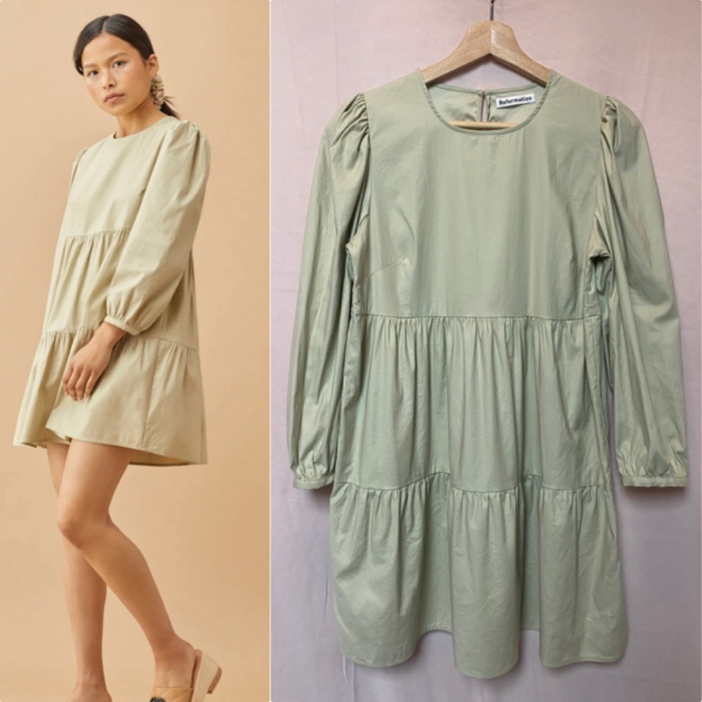 Reformation Beckett Tiered Mini Dress Size S Sage Green Peasant Boho Prairie